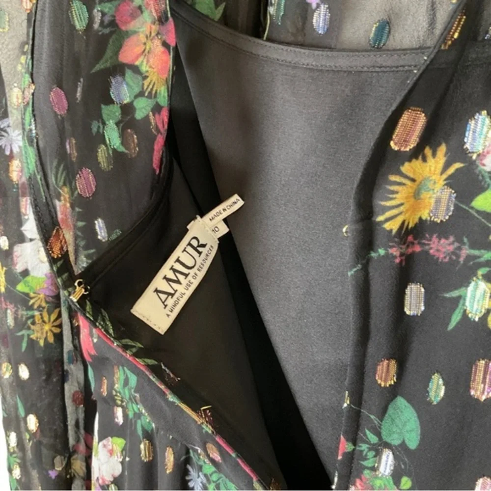 AMUR Sabine Drape Dress | Front Slit | Black | Floral | Sheer | Size 10 - Picture 14 of 16